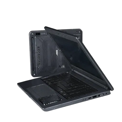 Ultrabook Portable Workstation Stylized 3D model, stylized isometric render, showing brushed metal, open lid angle.