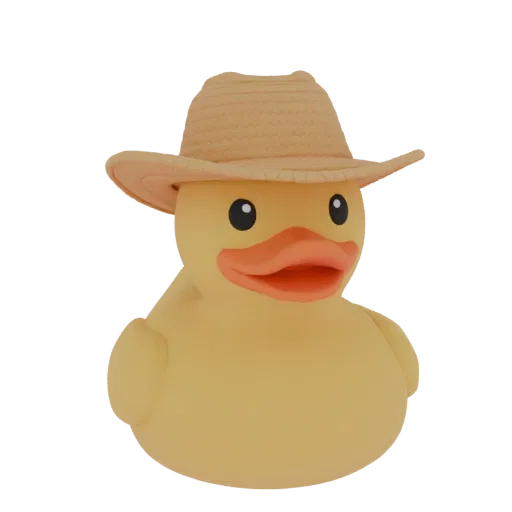 3D model of a rubber duck in a cowboy hat, standing on a black background