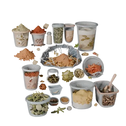 Spice Herb Bundle Stylized 3D model, stylized isometric render, showing powders, small ingredient shapes.