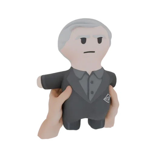 3D model of a stylized serious gentleman doll in a dark suit, held by two hands.