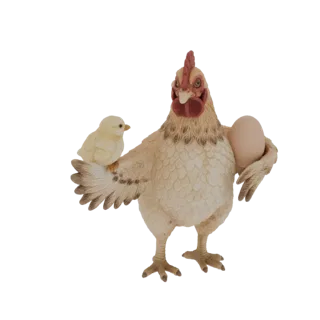 3D model of a mother hen figurine with a chick on her wing and an egg in her other wing, rendered in a realistic style.