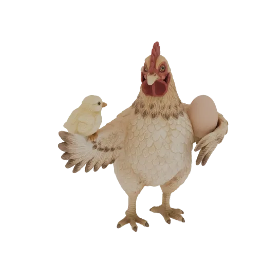 3D model of a mother hen figurine with a chick on her wing and an egg in her other wing, rendered in a realistic style.
