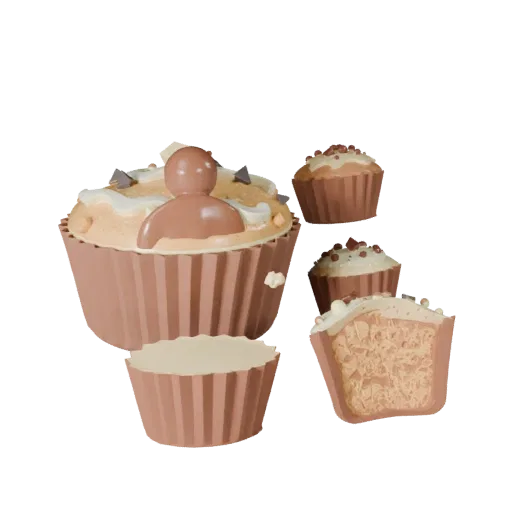Muffin Modelo 3D Estilizado, renderização isométrica estilizada, mostrando creme, silhueta de comida doce.