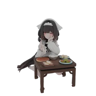 Modelo 3D de una linda chica maid estilo anime sentada en una mesita con un juego de té, sosteniendo una taza.