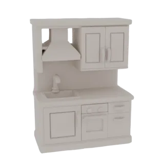 3D model of a miniature modern kitchen unit with sink, oven, and cabinets, rendered in a neutral tone.