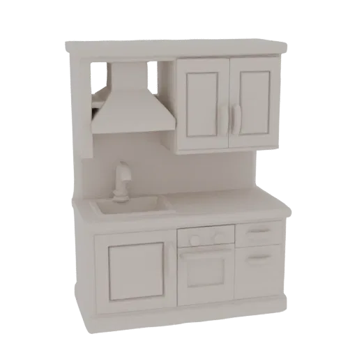 3D model of a miniature modern kitchen unit with sink, oven, and cabinets, rendered in a neutral tone.