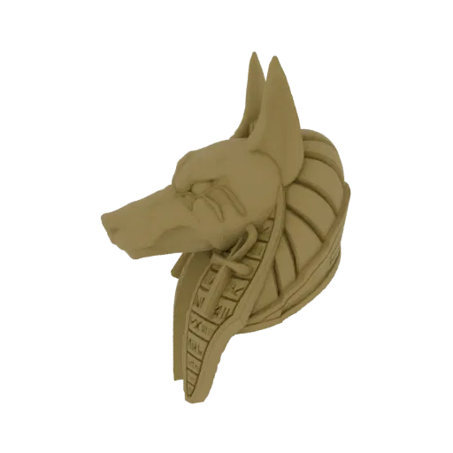 3D-Modell-Rendering der Anubis-Kopf-Büste, ein stilisierter Schakalkopf mit detaillierten Hieroglyphen auf dem Kopfschmuck, p