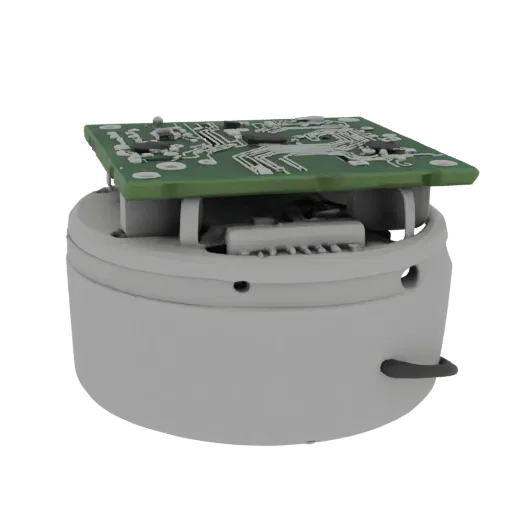3D model of a round electronics enclosure with visible PCB and cable, on a black background