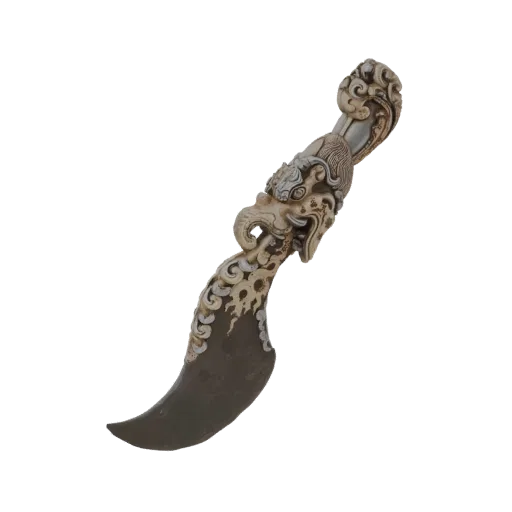 3D model of a karambit knife with a detailed dragon head hilt, showcasing intricate carvings and a curved blade.