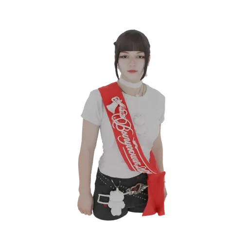 3D model of a young woman wearing a red graduation sash, white t-shirt, and dark shorts.