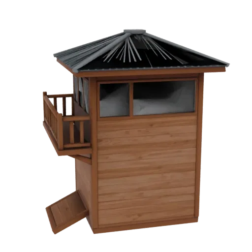 3D model of a wooden fire lookout tower cabin with a balcony, glass windows, and a corrugated metal roof, set against a black