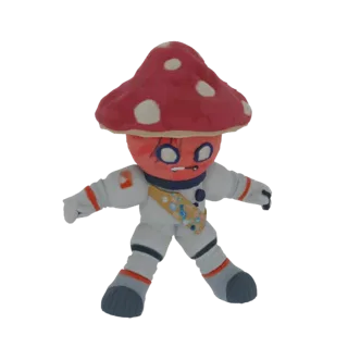 Modelo 3D de um personagem cogumelo fofo usando um traje de astronauta branco com um chapéu de cogumelo vermelho de bolinhas.