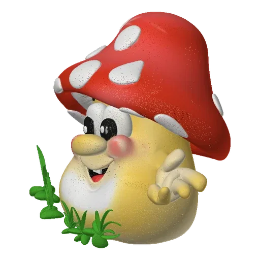 A 3D render of a cute, smiling cartoon mushroom character with a red spotted cap and green grass at its base.