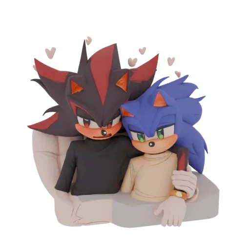 3D model of Sonic the Hedgehog and Shadow the Hedgehog hugging, with hearts floating around them.
