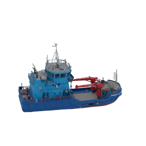 3D render of a blue tugboat with a red crane on its deck, set against a white background.