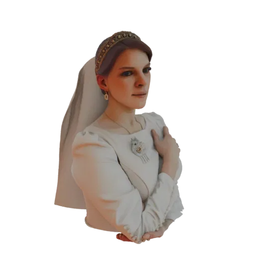 3D model bust of a bride wearing a white gown, veil, and tiara, looking to the side with one hand on her chest.