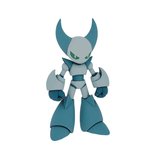 Modèle 3D d'une figurine robot bleu avec des yeux verts et des cornes courbées, debout sur fond blanc.