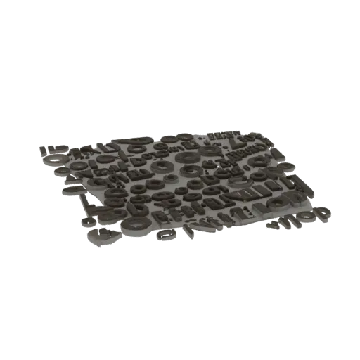 A 3D render of an embossed set of uppercase letters, lowercase letters, and numbers arranged in a grid.