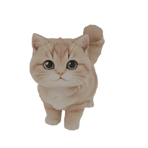 A 3D render of a cute, light brown cartoon cat with large, dark eyes and a fluffy tail, standing and looking forward.