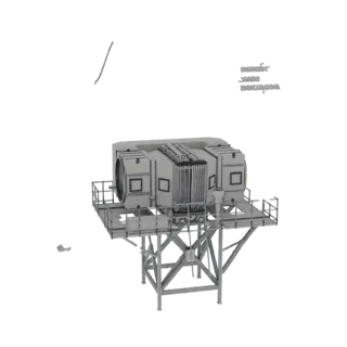 3D-Modell eines fortschrittlichen Radarsystems mit großer Schüssel auf Metallplattform und Tragstruktur.