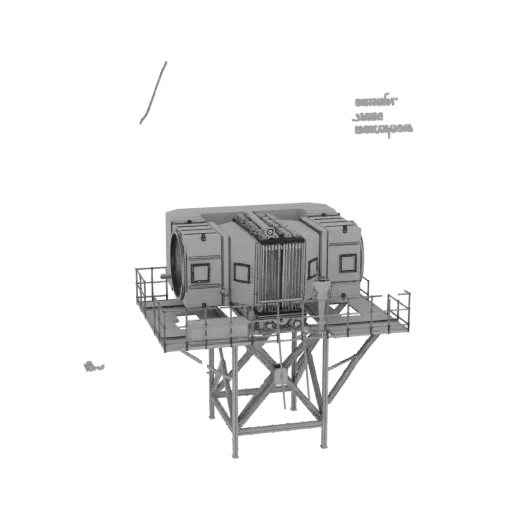 3D model of an advanced radar system with a large dish on a metal platform and support structure.