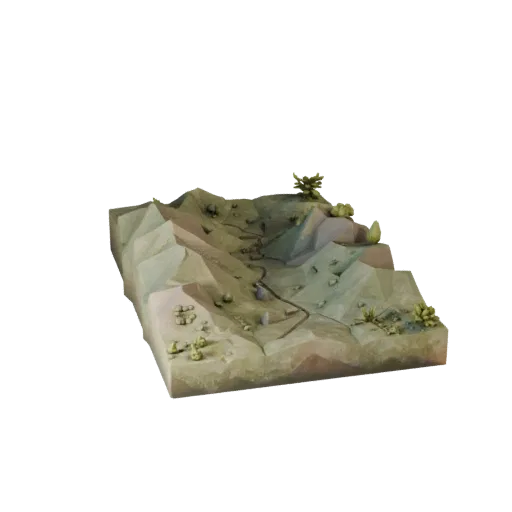 Badlands Ridge Tile Low Poly 3D model, game viewport three-quarter view, showing layered soil, dune ridges.