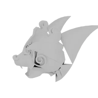 3D render of a stylized wolf head mask with sharp fangs and swirling ear details, presented on a white background.
