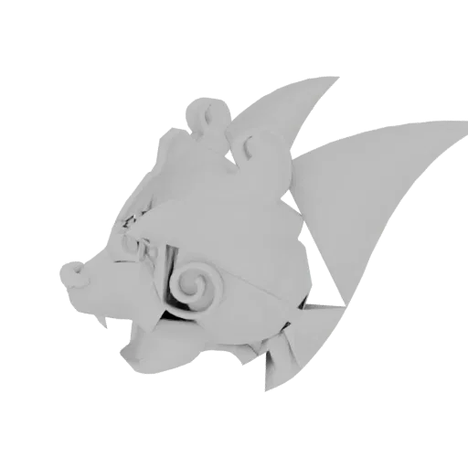 3D render of a stylized wolf head mask with sharp fangs and swirling ear details, presented on a white background.