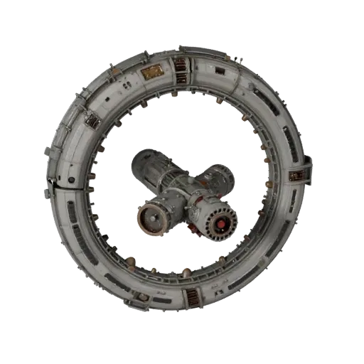 Research Space Station Realistic 3D model, three-quarter studio render, showing metal modules, modular station layout.