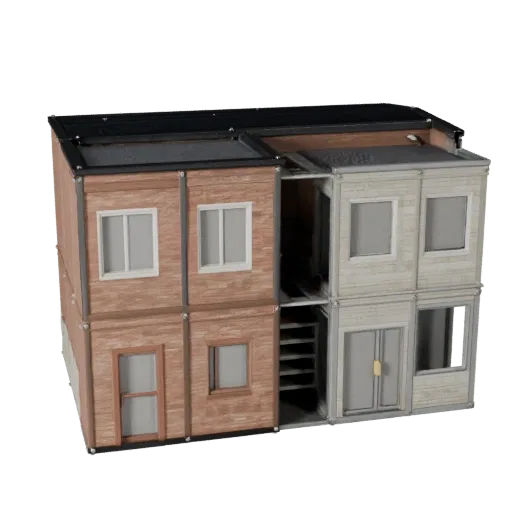 Modular Public Building Kit realistic 3D model, three-quarter exterior view, showing modular building kit materials and archi