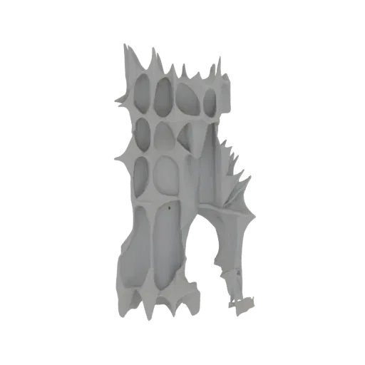 A 3D render of an abstract, white organic lattice structure with interconnected, flowing forms and open cellular patterns aga