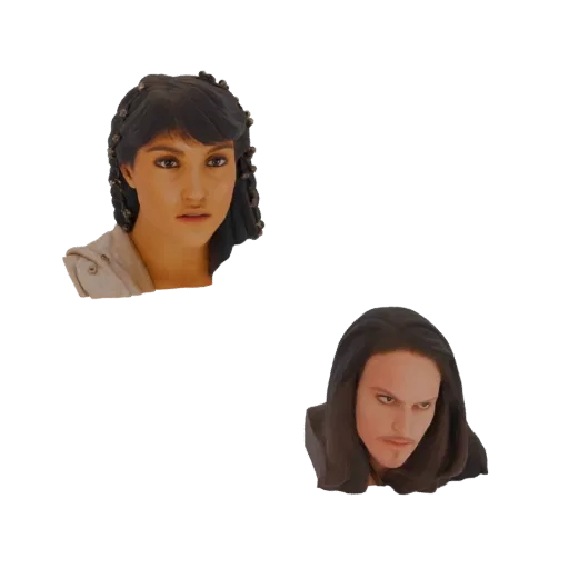 Aperçu du modèle 3D de deux bustes de guerriers fantastiques : un homme avec une capuche sombre et une femme aux cheveux tres