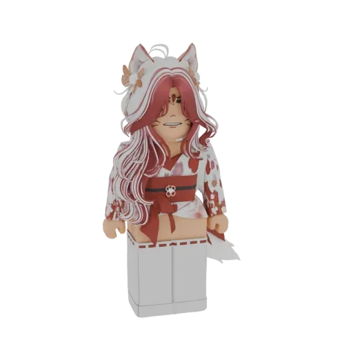 3D model of an anime fox girl with red and white hair, fox ears, and a kimono-style outfit.