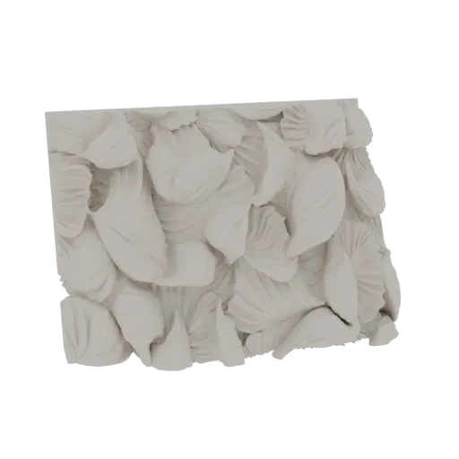 Modello 3D di un pannello decorativo con petali floreali scolpiti e sovrapposti in una finitura neutra opaca.
