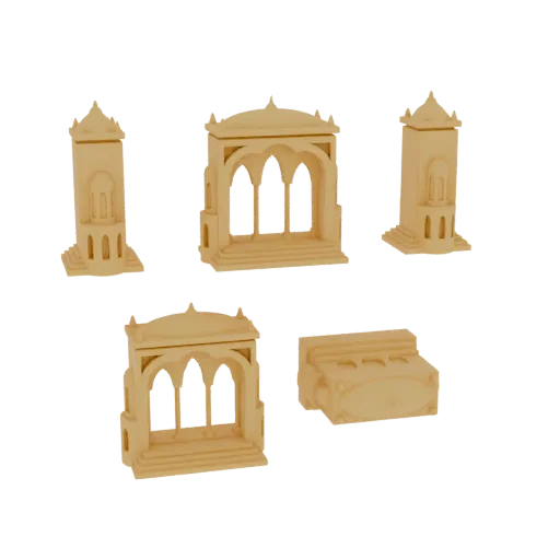 A 3D render of an ancient temple ruins set, featuring arched structures and towers, with a light beige stone texture.