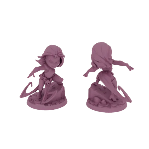 3D render of a chibi warrior miniature in a dynamic pose, with skull accents and stylized blades, presented on a rocky base.