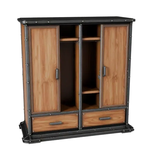 Industrial Wardrobe High Poly 3D model, bedroom, close-up studio render, painted wood detail.