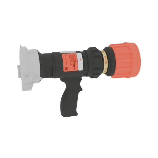 Modèle 3D d'une buse d'incendie noire avec une tête réglable orange et une poignée pistolet, sur fond blanc.