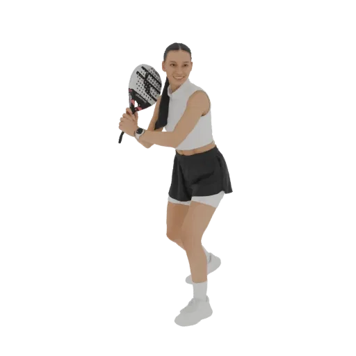 3D model of a female athlete in a sporty outfit, holding a padel racket in a ready-to-hit pose, against a white background.
