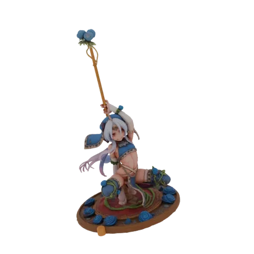 3D model of a fantasy sorceress with white hair, blue outfit, holding a staff with a blue rose, standing on a base with blue roses.