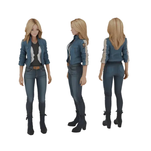 3D model of a female character with blonde hair, wearing a blue jacket, grey t-shirt, and blue jeans, shown from front, side,