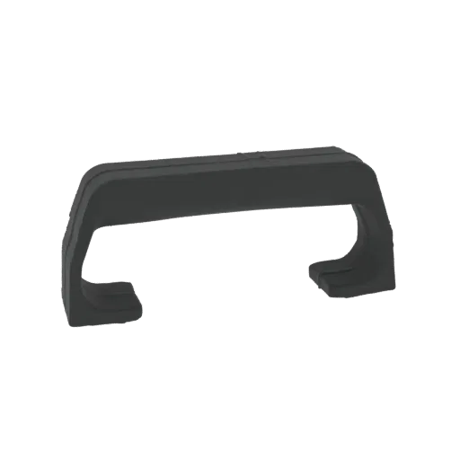 A 3D render of a dark gray curved handle with a matte finish, designed for luggage or cases.