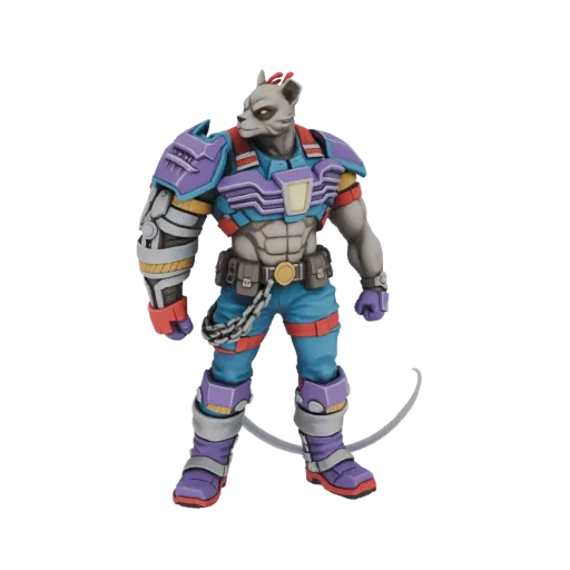 3D model of a cybernetic cat warrior with purple and blue armor, a robotic arm, and a determined expression, against a white