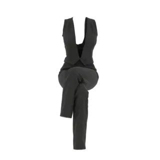 3D model of a woman's black vest and pants suit in a seated pose, against a white background.