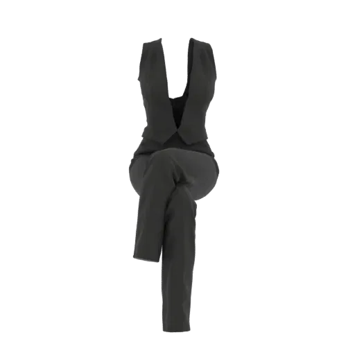 Modelo 3D de um conjunto preto com colete e calças feminino em pose sentada, sobre fundo branco.