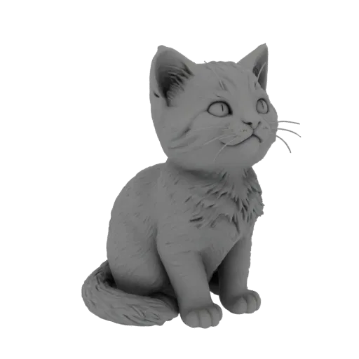 3D model render of a cute, grey kitten sitting and looking up with large eyes and delicate whiskers.
