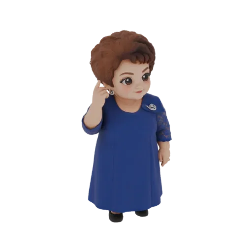 3D model of a cute chibi woman in a blue dress, with large eyes and her finger near her ear, wearing a silver brooch.