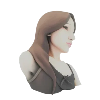 3D model render of an elegant woman's bust with long, flowing brown hair and a serene expression, viewed from the side.