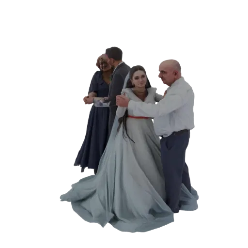 3D model of a bride in a light blue gown dancing with a man, with two attendants in formal wear.