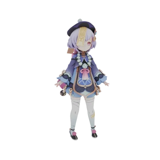 Modelo 3D de Qiqi, una joven chica anime con cabello morado, vistiendo un atuendo azul y morado y un sombrero con un talismán